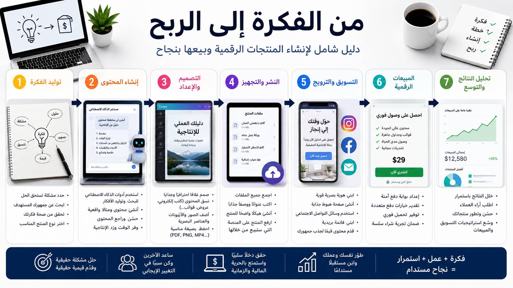 5 خطوات لإنشاء منتج رقمي وتحقيق أول مبيعات خطوات إنشاء منتج رقمي ناجح باستخدام الذكاء الاصطناعي